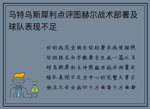 马特乌斯犀利点评图赫尔战术部署及球队表现不足 马特乌斯犀利点评图赫尔战术部署及球队表现不足